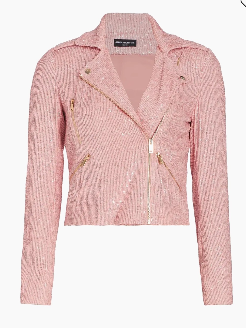 GENERATION LOVE NWT Party Vegas Bachelorette Light Pink Sequin Moto Jacket SZ M